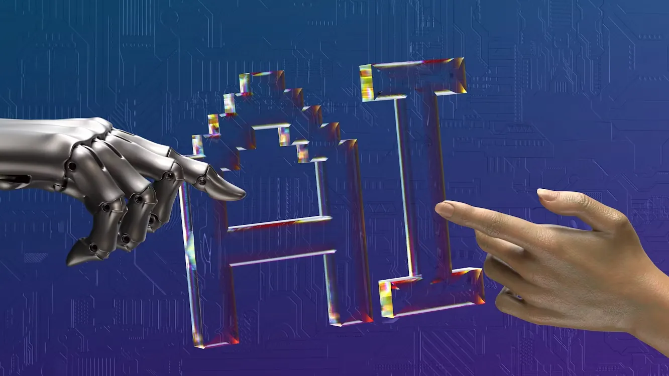 AI-powered digital marketing concept with a robotic hand and a human hand forming the letters AI