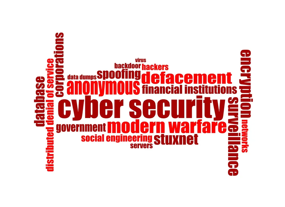 Cyber security word cloud covering threats like spoofing, social engineering and data dumps